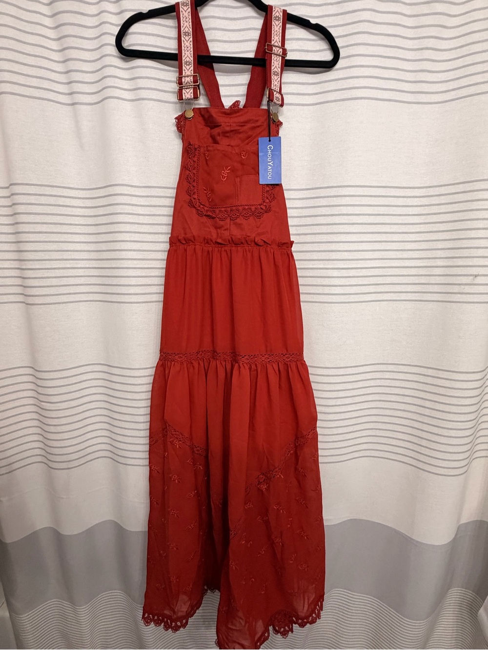Cotton-Feel Red Embroidered Maxi Pinafore Dress with Adjustable Straps